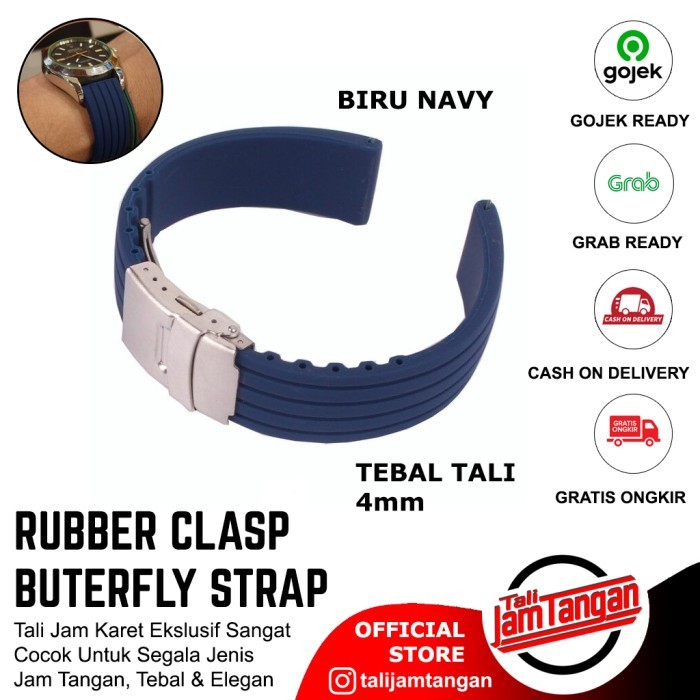 18,20,22,24mm Blue Clasp Butterfly Rubber Strap Tali Jam Kulit - Biru, 18mm