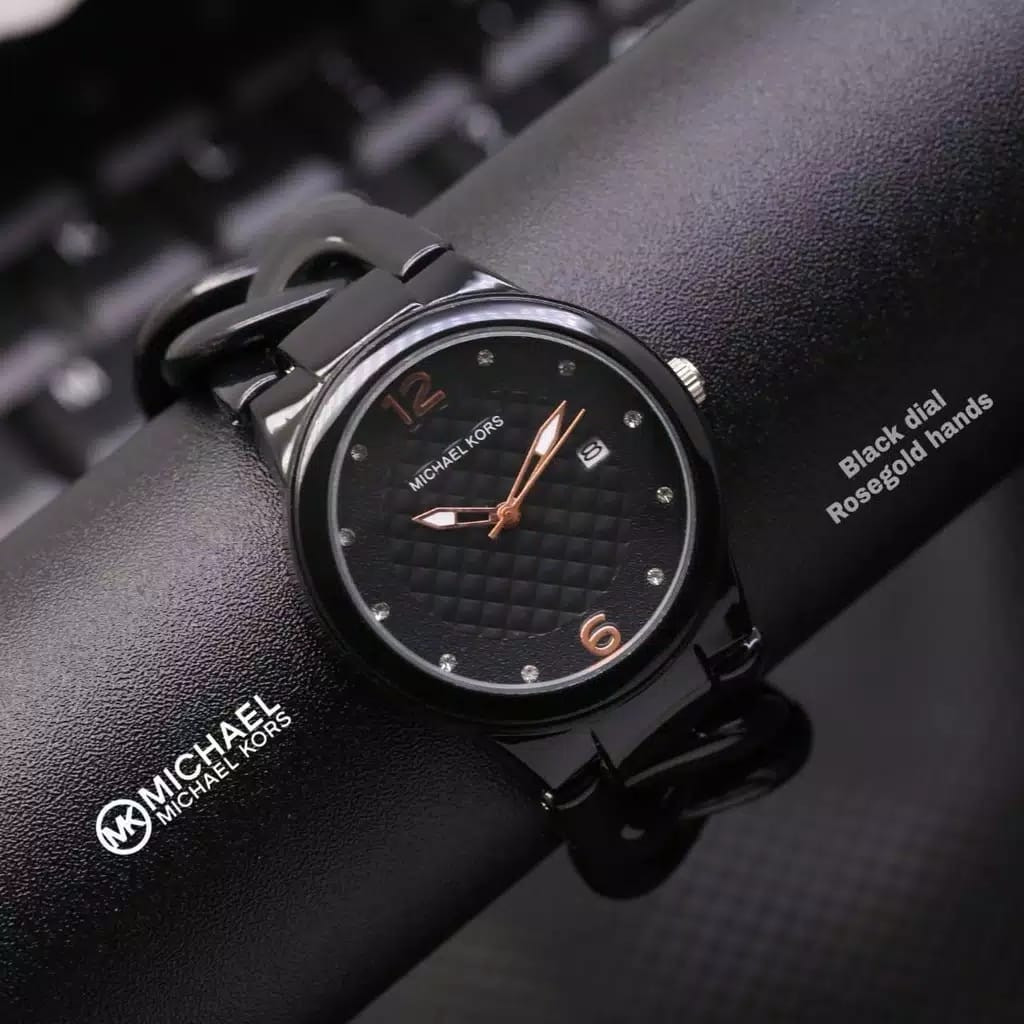 BEST SELLER Jam Tangan Wanita Mk Kepang Tali Rubber Body Bulat Tanggal Aktif