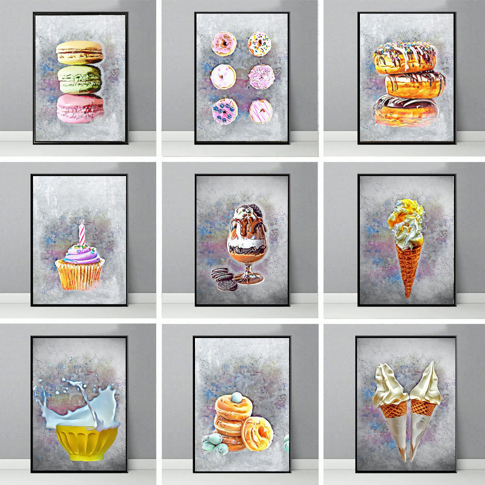 

Retro Abstract Gourmet Dessert Ice Cream Cake Donut Macarons Posters Canvas Paint Prints Art Picture Home Room Wall Decor