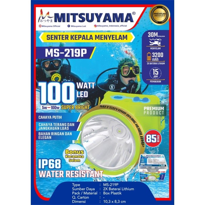 Senter Kepala Selam Head Lamp Diving 100W 100 Watt Mitsuyama MS-219 P K Anti Air Water Resistant