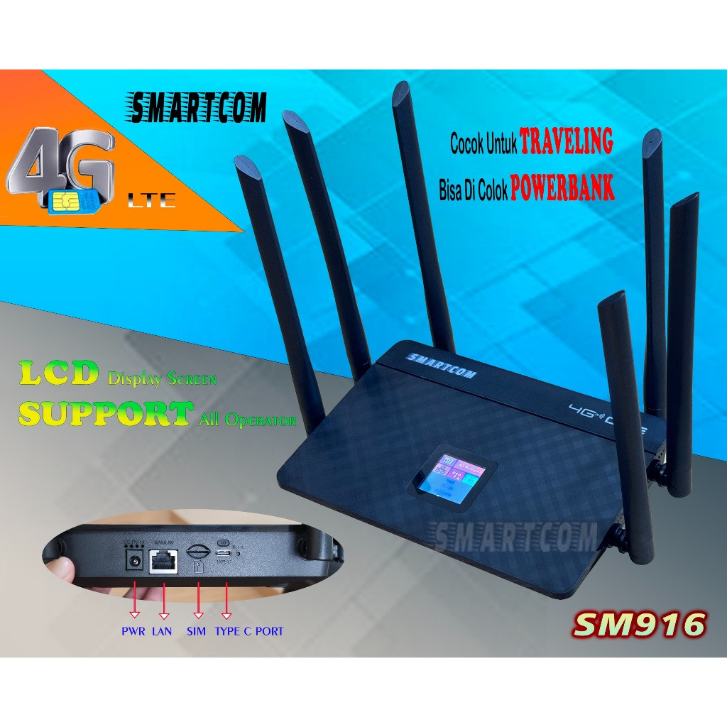 Smartcom ~ Wifi Wireless Router Sim Card 4G LTE Smartcom SM-916 with LCD 300Mbps