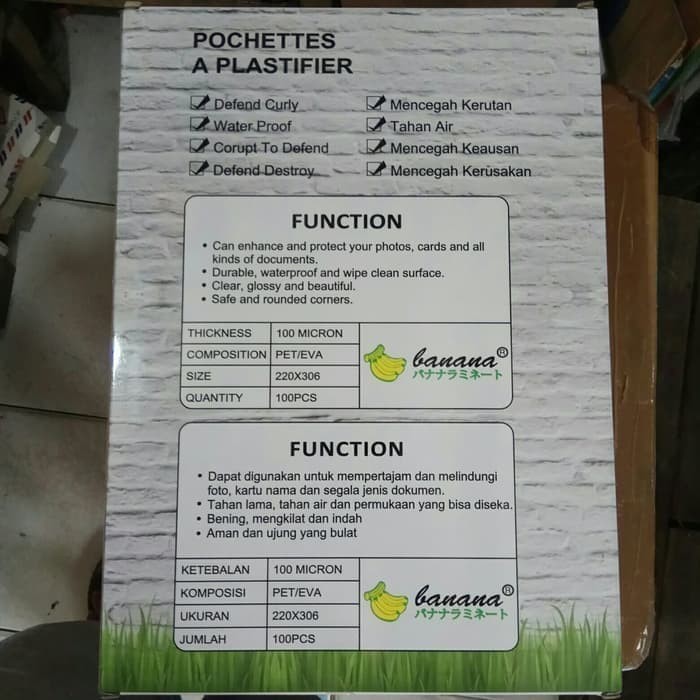 

BEST -plastik laminating ukuran A4 merk banana 1 pack isi (100)