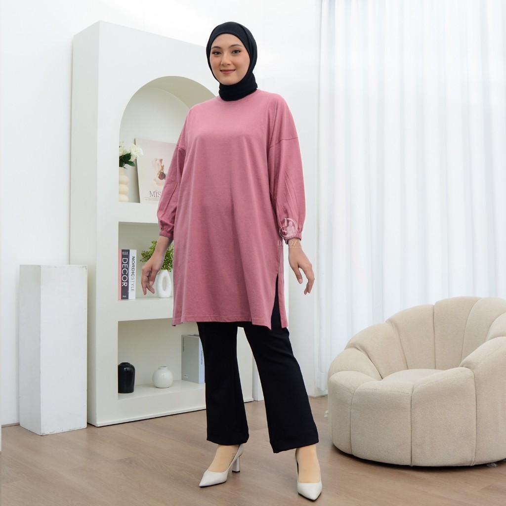 Araya Tunik Balon Oversize Tangan Balon Atasan Wanita Panjang Polos Midi Dress Slit Jumbo Katun Cott