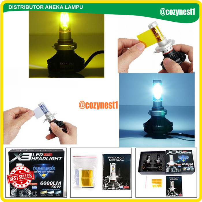 (GLT) Lampu LED X3 ORIGINAL ZES Mobil H1 H3 H4 H7 H11 HB3 HB4 3 Warna Motor - LED X3 HB4