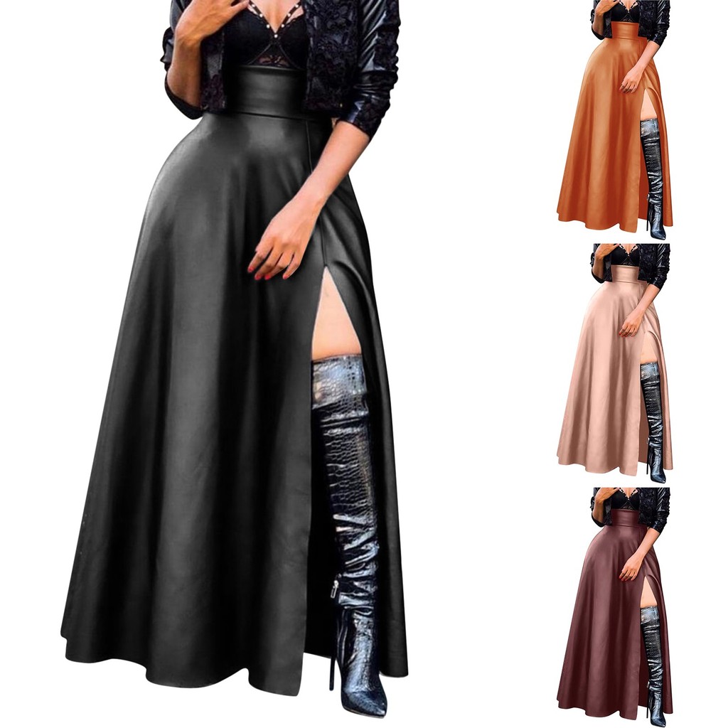 PU Leather Gothic Sexy Long Skirt Women High Split Irregular Solid Color Wrapped Skirt Nightclub Str