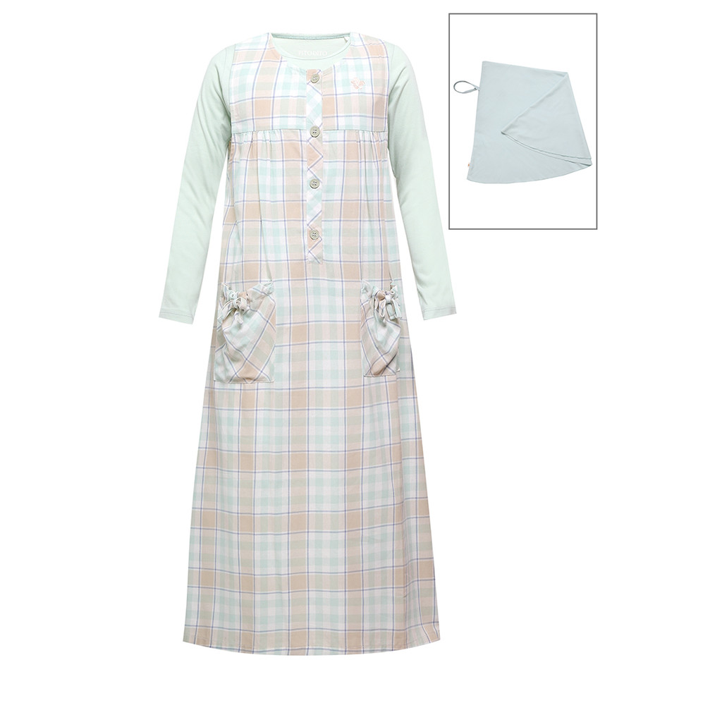 Pito Dito Girl Allepo Gamis Overall Anak Hijau Sage Motif Kotak