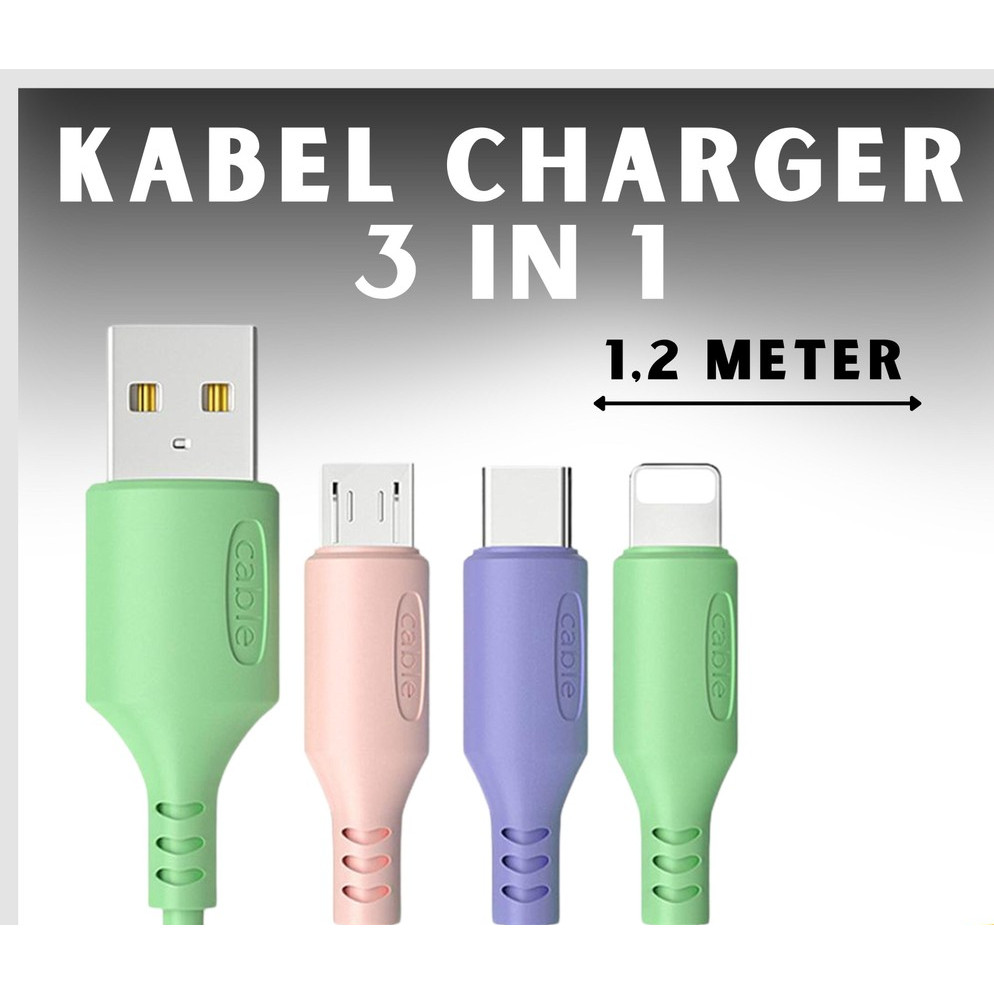 Kabel Charger Cabang 3 in 1 Handphone Hp fast charging cas cable type c micro usb iphone