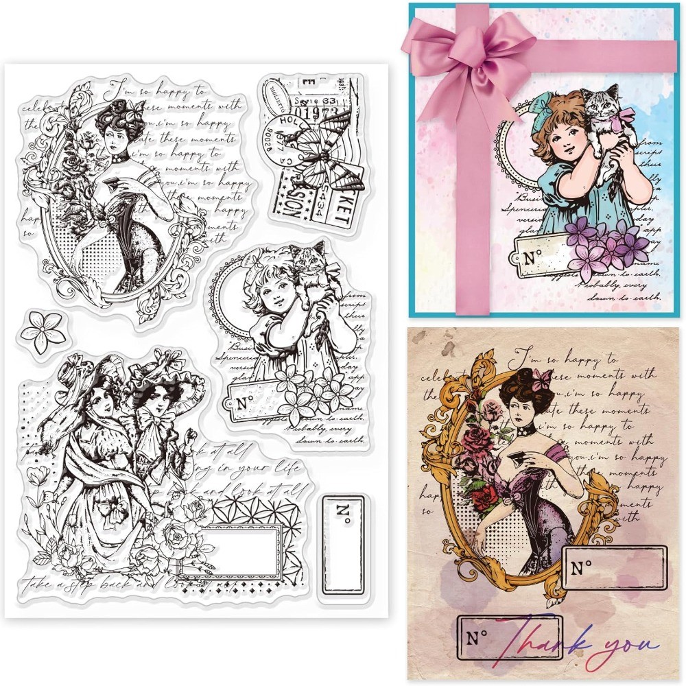 

1Sheet Vintage Lady Wreath Clear Stamp Elegant Women Silicone Clear Stamp Text Flower Frame Seals for DIY Scrapbooking Journals