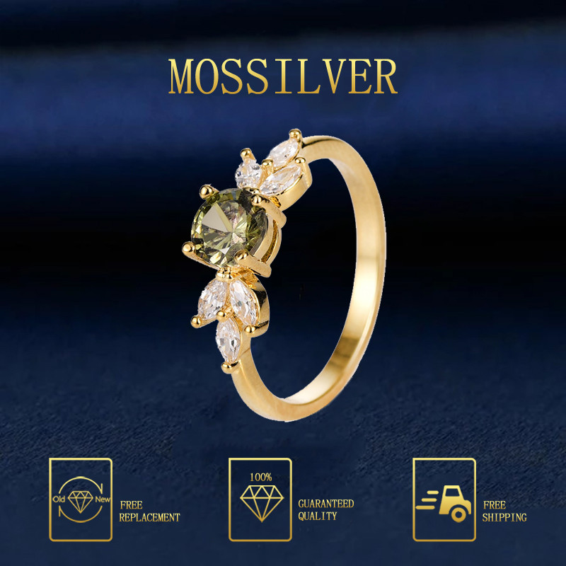 MOSSILVER Cincin Zircon Hijau Zaitun Baru Perhiasan Batu Permata Inlaid yang Fashionable