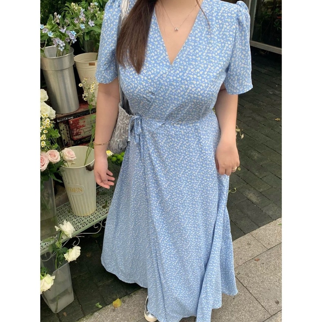 Aroana dress wanita jumbo aun pinggang bunga v-neck versi korea