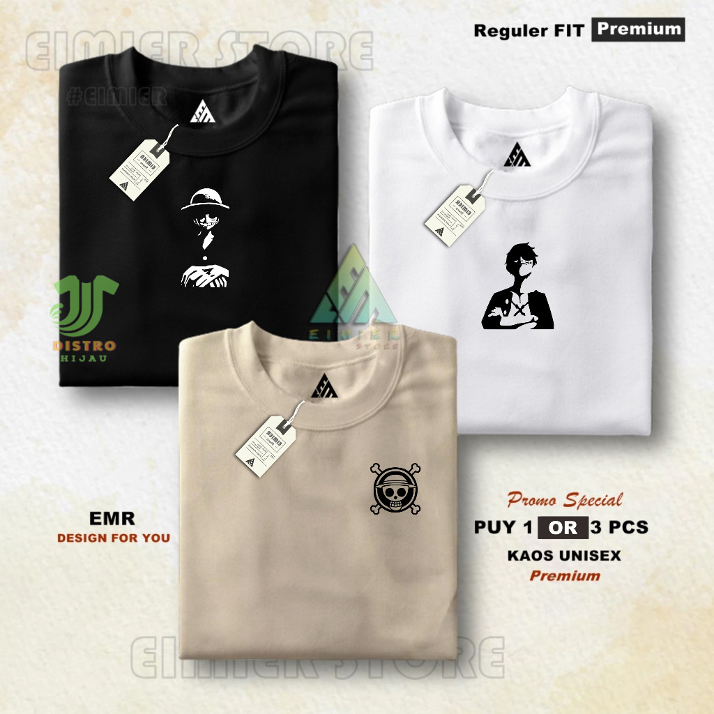 Eimier Buy 1 Get 3 Baju Kaos Pria Distro Cotton Combed 30s Premium Tshirt Luffy Anime One Piece 009