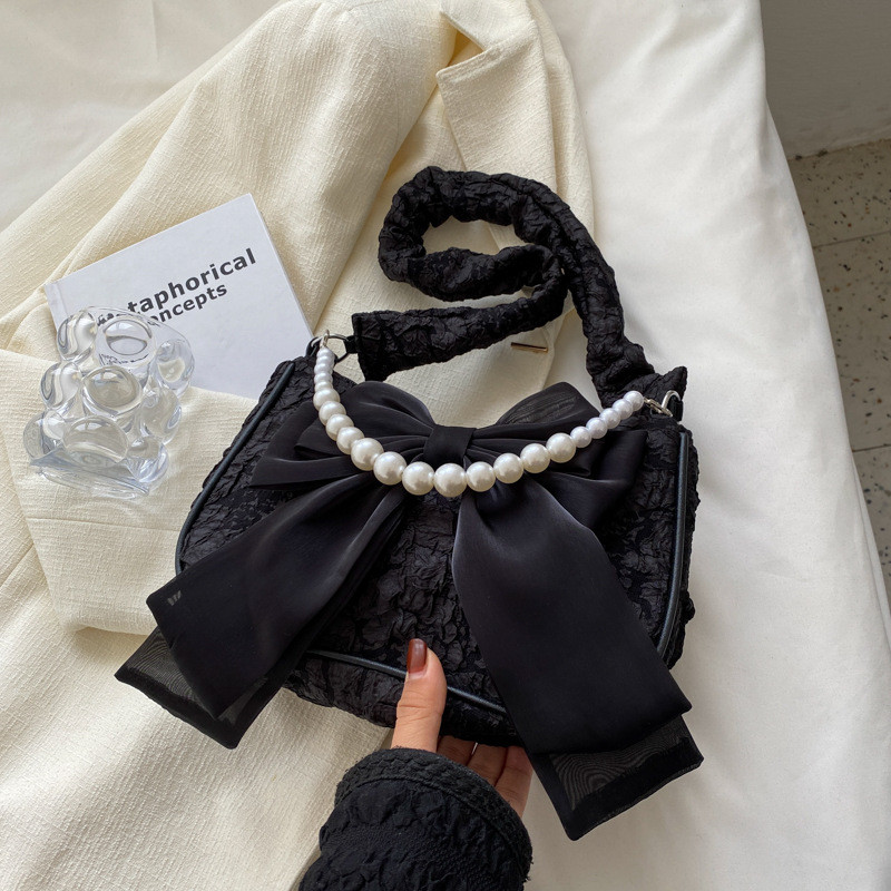 

Texture lace pleated bag women's bag women's black pearl shoulder bag bow bracelet fashionable