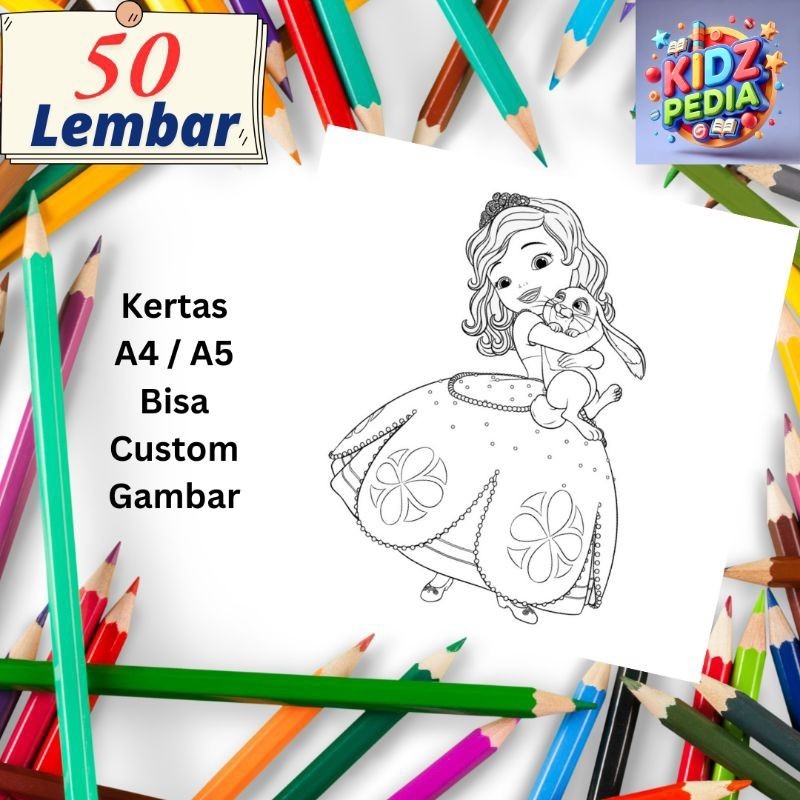 

50 Lembar Kertas Mewarnai Anak Tema Lucu Cantik Princess Disney Ukuran A4 A5
