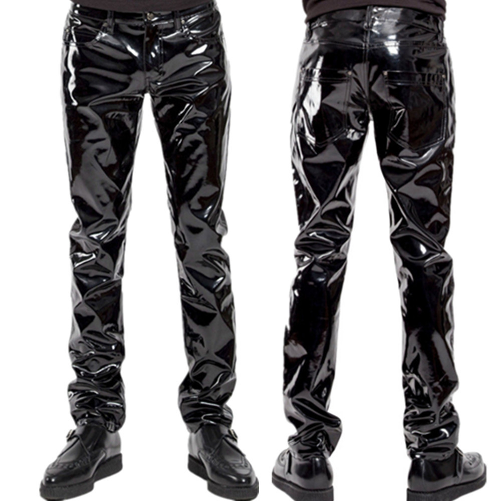 Shiny PVC Latex Trousers Men Motorcycle Black Mens Pants Fashion Faux Leather Riding Waterproof Moto