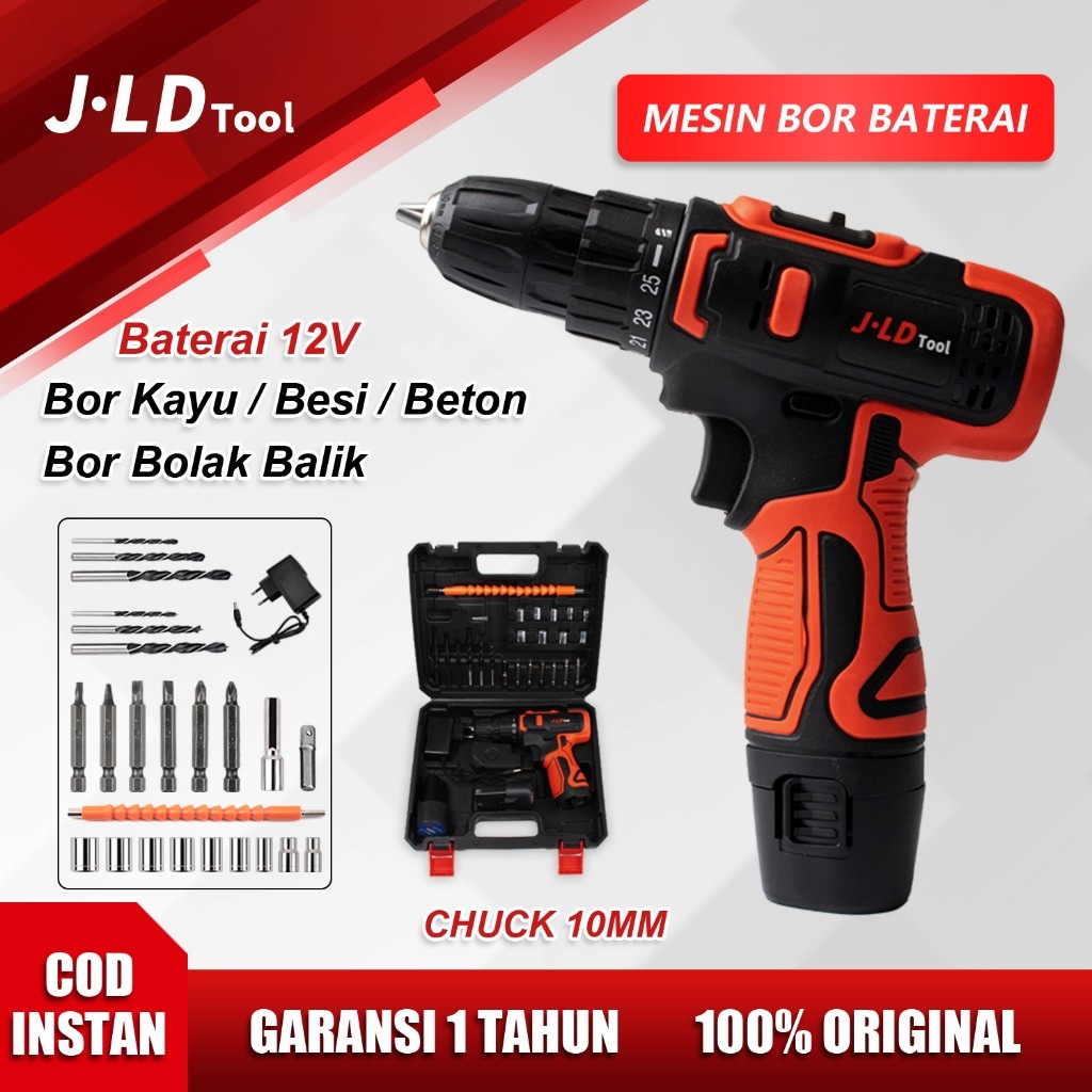 KJ75TF JLD Mesin bor cas 12V Mesin bor baterai tangan 10mm Cordless Drill 2 baterai Bor tangan tanpa