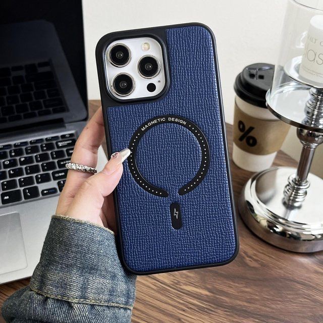 Premium Leather Magsafe Case iPhone 11 12 13 14 15 Pro Max - Casing Magnetic Tekstur Kulit Jeruk - L