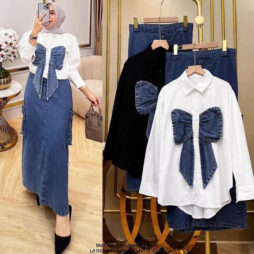 ribbon one set skirt pita Buffy/fallina Qutfit jeans katun linen baju setelan rok cargo wanita Musli
