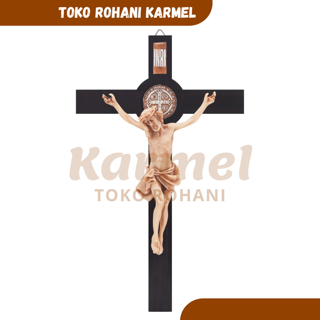 SALIB GANTUNG BENEDIKTUS 30 CM - COKLAT LAP / SALIB KATOLIK / SALIB DINDING / SALIB ST.BENEDICT