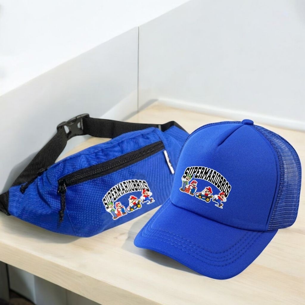 Paket Combo Hemat Tas Pinggang Anak Laki - Laki Karakter Mariobros Plus Topi Keren