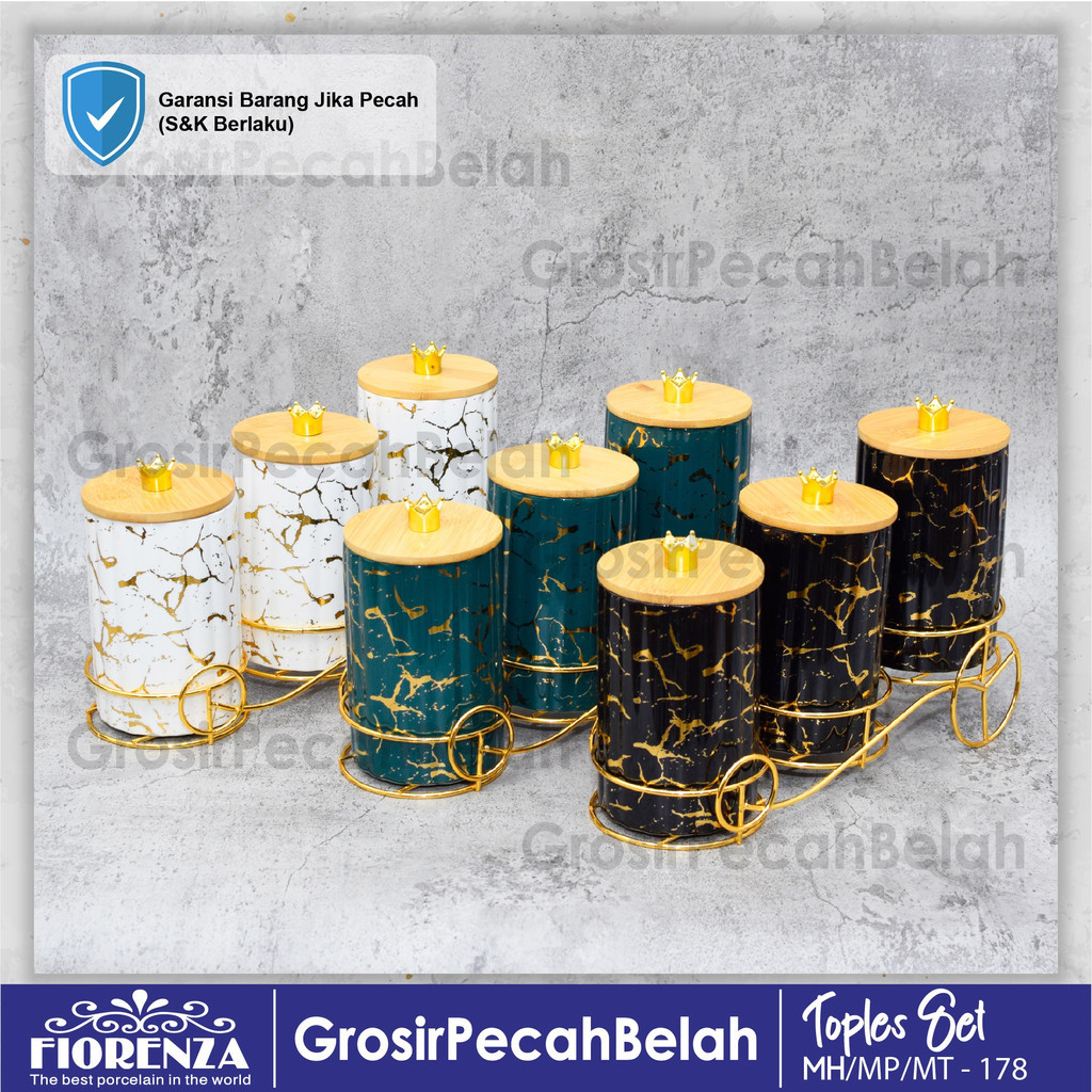 Toples Kue Makanan Keramik Set Dengan Rak Motif Marble Fiorenza 178