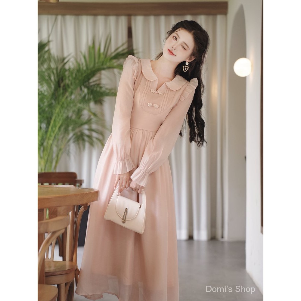 Wenwan Gaun Lengan Panjang Kerah Boneka, Gesper Retro Rumbai Tencel