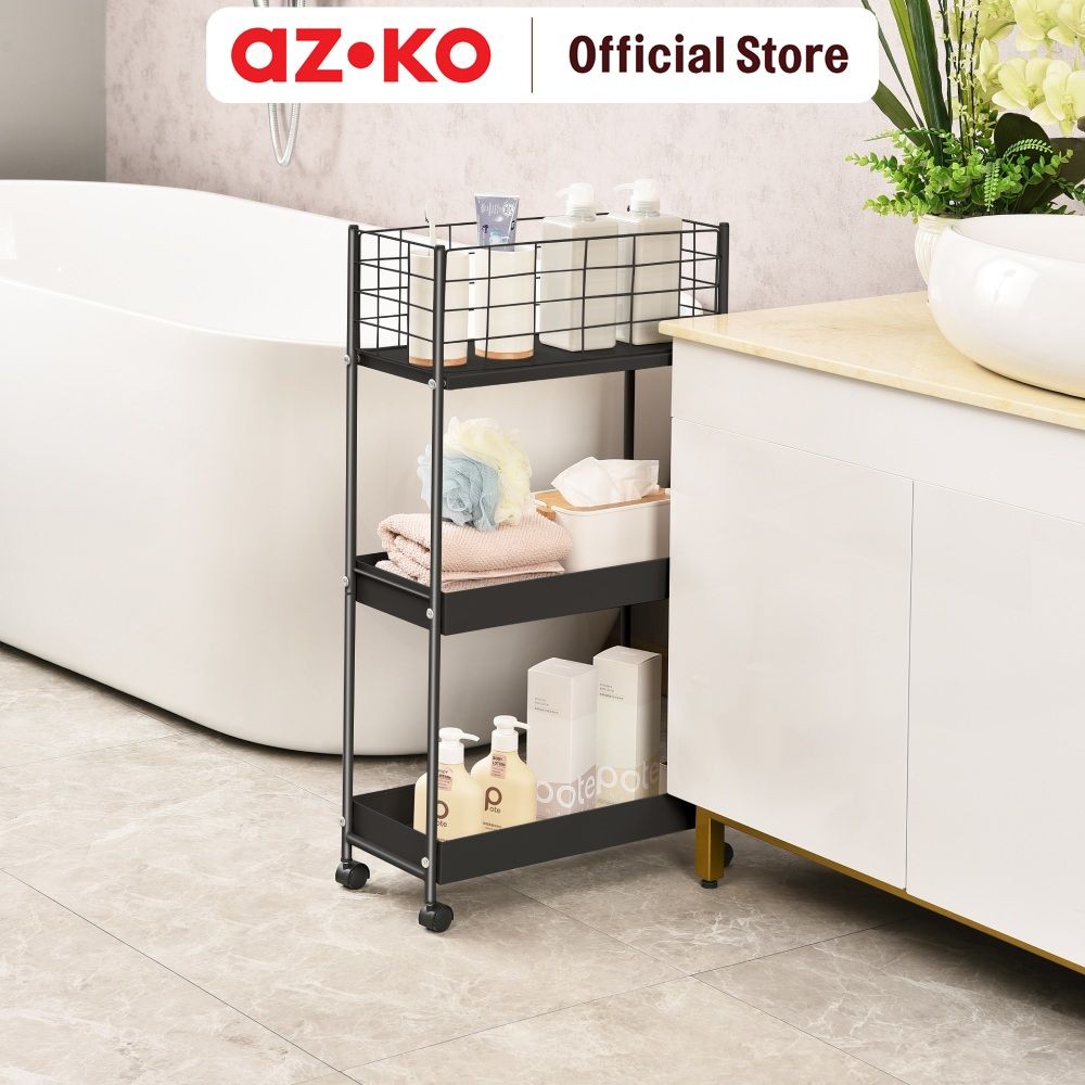 AZKO Stora Kassy Rak Troli 3 Tingkat Slim - Hitam Tempat Penyimpanan Multifungsi Dengan Roda Storage