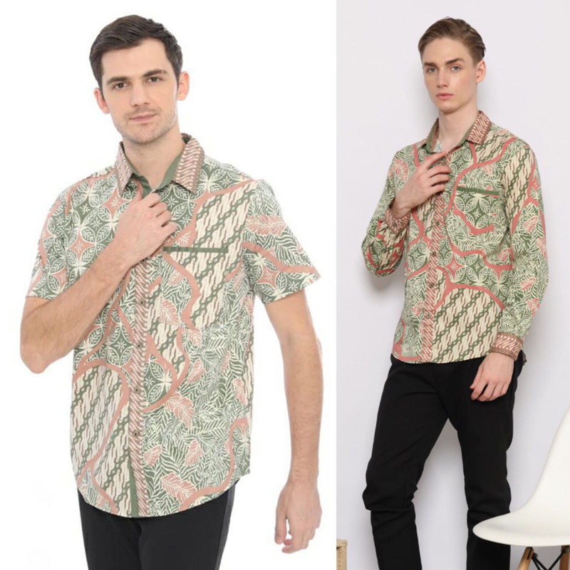Radit Kemeja Batik Pria Lengan Pendek Merah Batik Couple Set Cheongsam Baju Cowok Hem Sarimbit Serag
