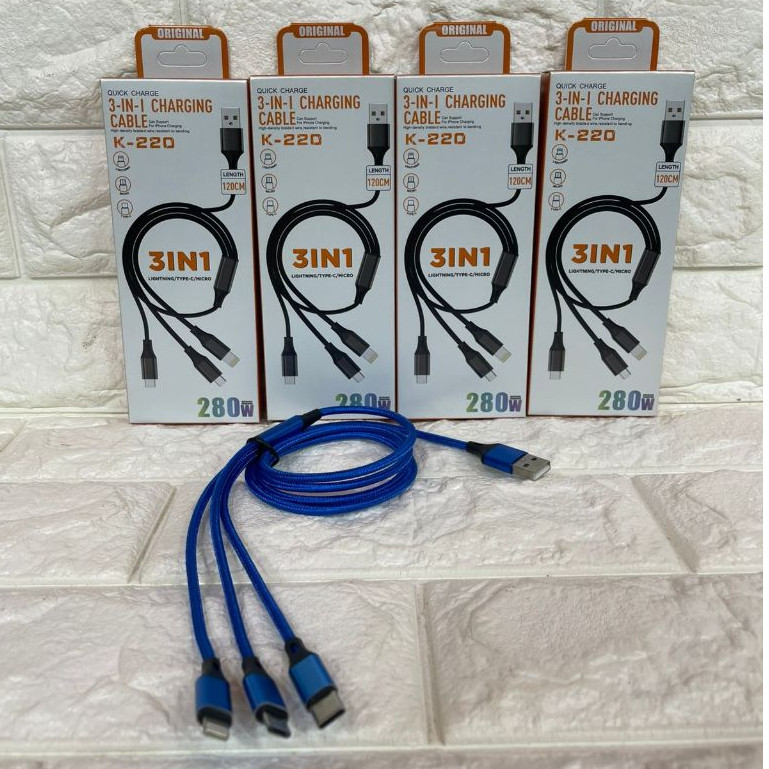 Kabel Data 280W 3in1 K-220 1.2meter + Pack USB V8/Micro&Type-C&Ligh Support Fast Charging Universal