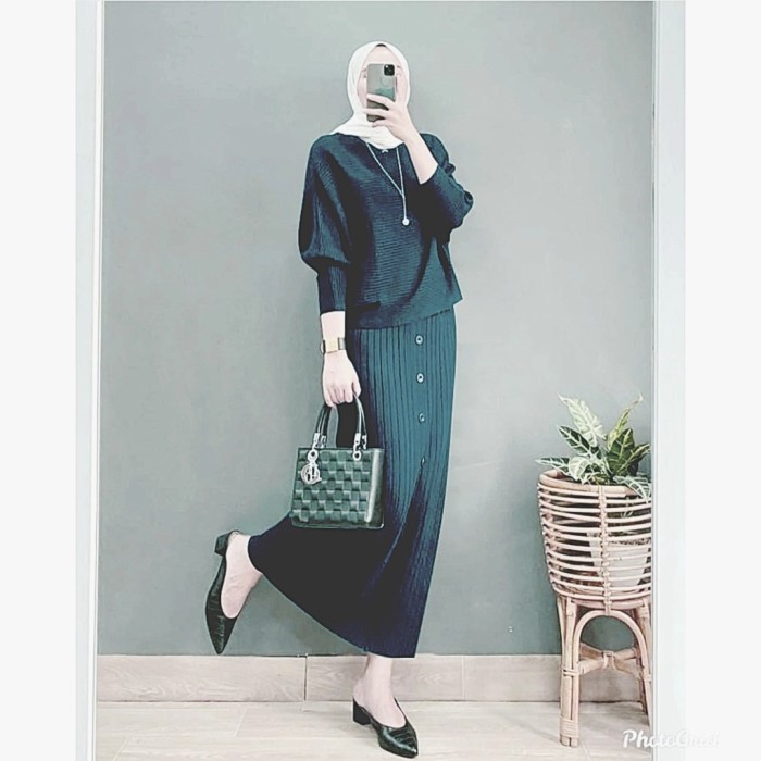 Setelan jumbo anita dark green rajut import melar baju kantor any ktf