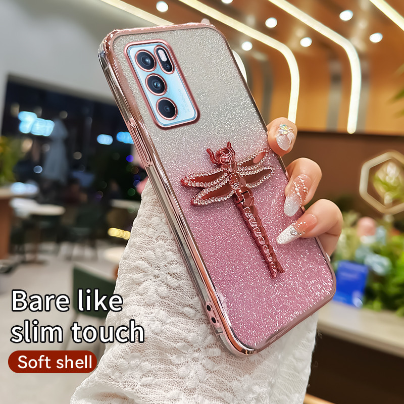 Phone Case for OPPO Reno6 Pro Back Cover Fashionable Diamond Clear Setting Gragonfly Safety Silicone