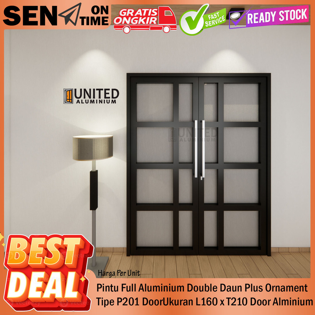 United Aluminium Co Id Pintu Utama Full Aluminium Double Daun Ornamen Tipe P202 Cokelat Putih Hitam 