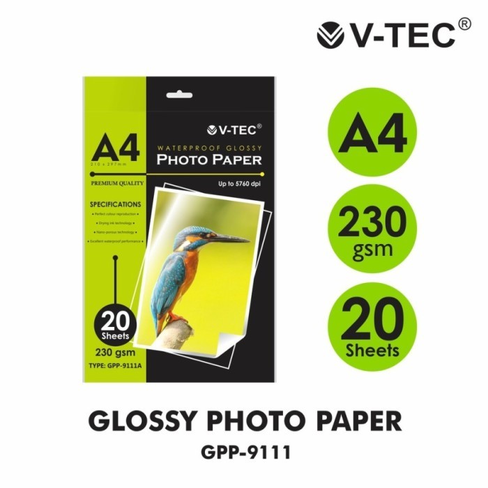 Kertas Foto V-Tec Waterproof Glossy Photo Paper VTec 230 gsm Up to 5760 dpi - 20 Lembar - 230 GSM