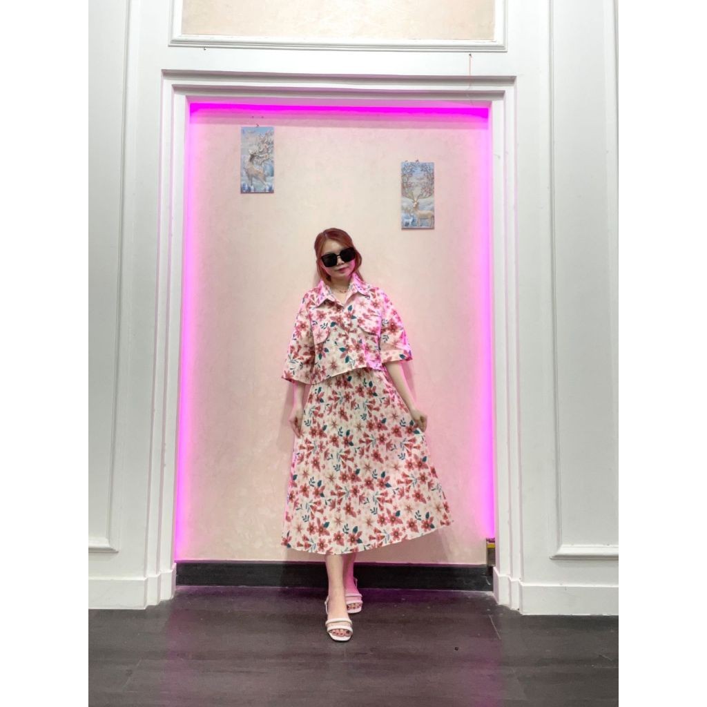 One Set Fuji / One Set Clara Kemeja Crop & Rok Midi Plisket