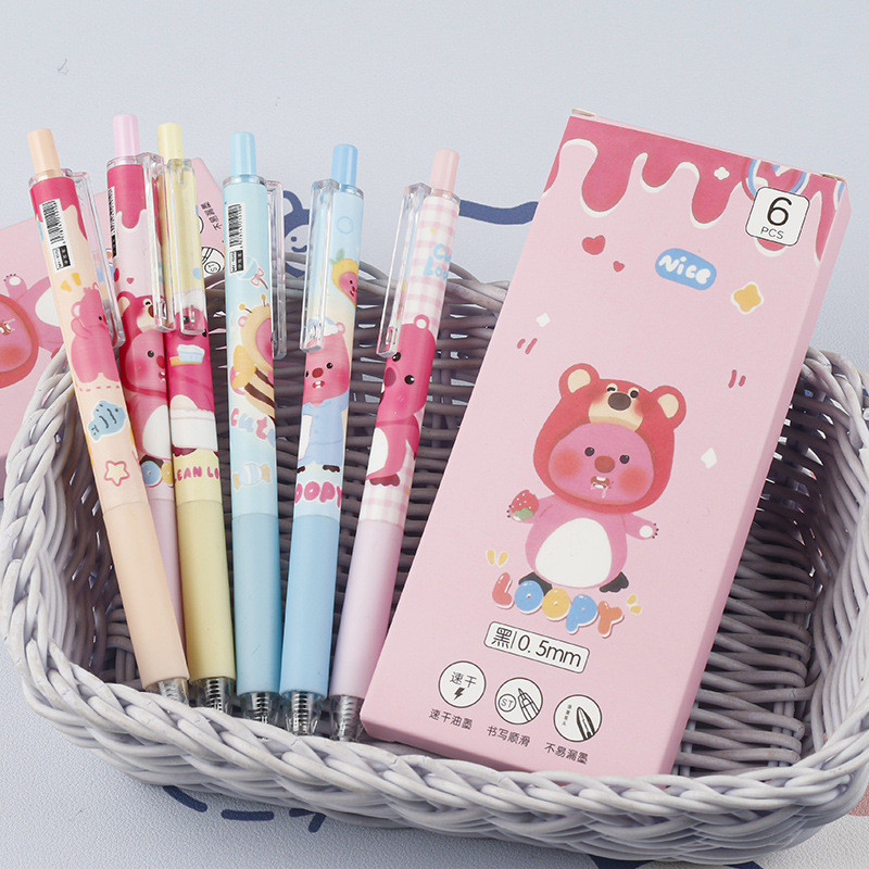 

6PCS Pulpen Gel Karakter Loppy / Press Pen Tinta Hitam / Bolpen Tinta Lucu / Alat Tulis Sekolah
