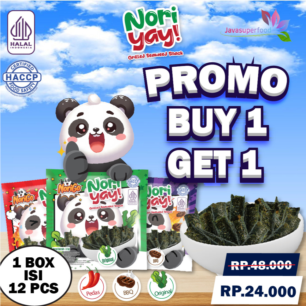 

(BELI 1 GRATIS 1) NORIGO / SNACK NORI YAY 1 BOX ISI 12PCS / SNACK RUMPUT LAUT 3.5GR