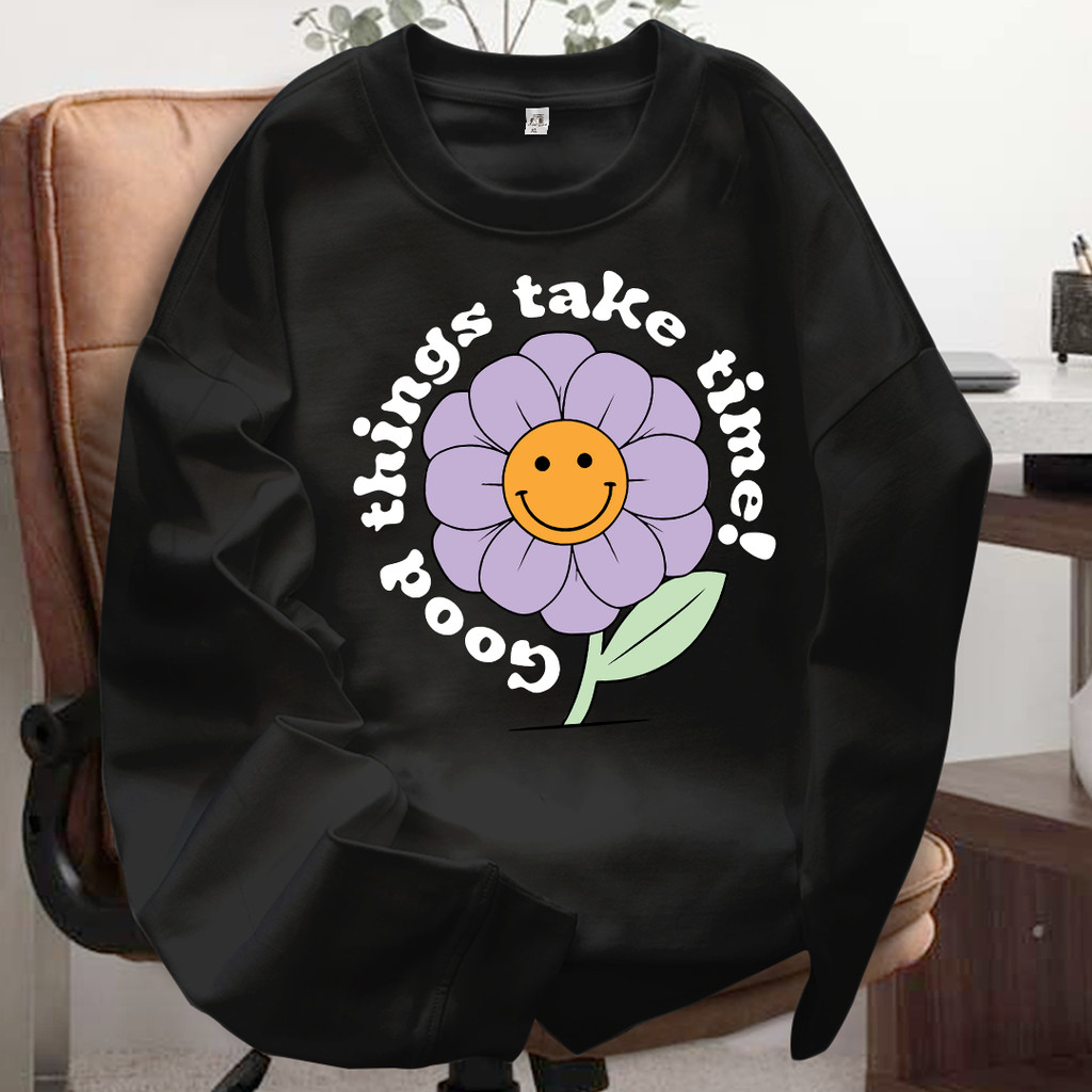 Tshirt Kaos Lengan Panjang Tangan Karet Kaos Gambar Bunga Matahari Bahan 100% Cotton