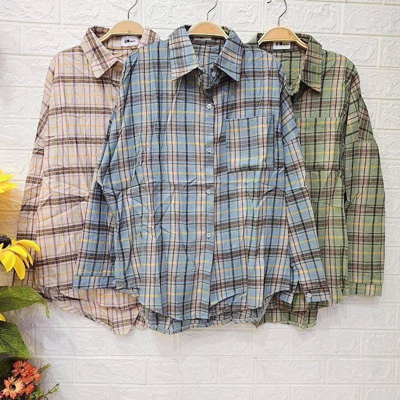 Kemeja Casual Import Lengan Panjang Motif kode 8176 Baju atasan Wanita kemeja Flanel Kancing Kantong