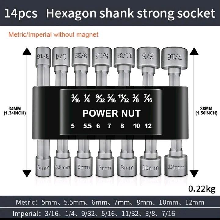 JLD POWER NUT IMPACT WRENCH SOCKET HEXAGONAL HEX SHANK DRIVE DRILL 14pcs SAMBUNGAN ADAPTER IMPACT DR