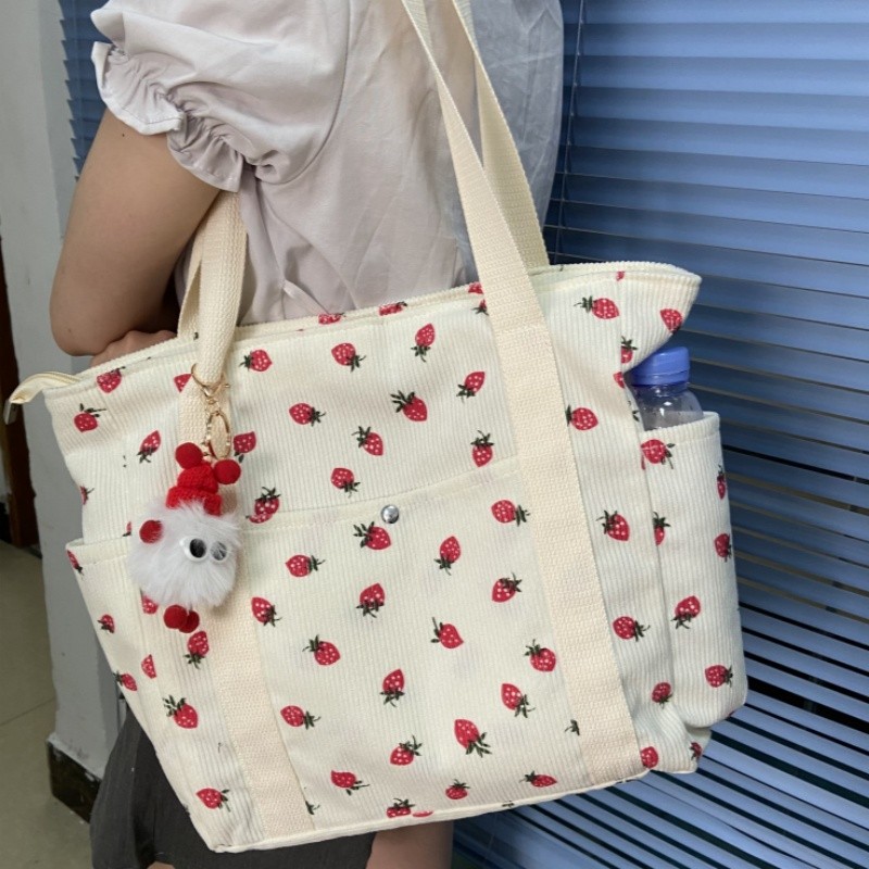 

Beautiful Corduroy Strawberry Shoulder Bag Sweet Fresh Versatile Handbag with Academy Style Large Capacity Classroom Tote Bag