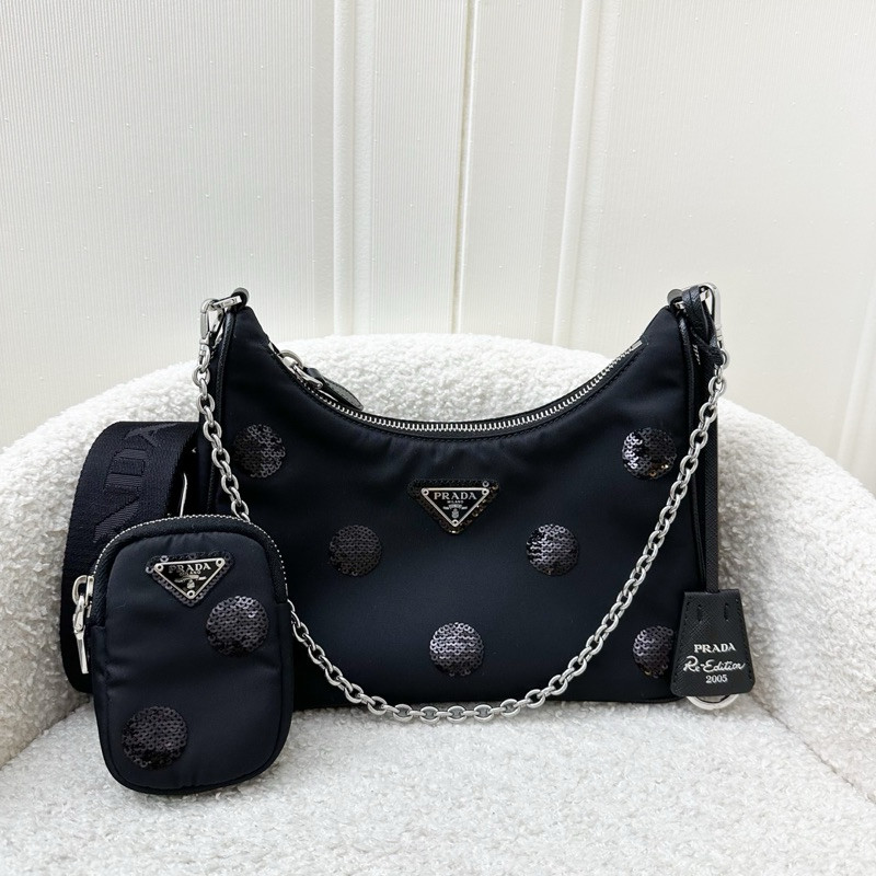 (Pre-loved) Prada Re-Edition 2005 Shoulder Bag in Black Nylon, Sequins and SHW