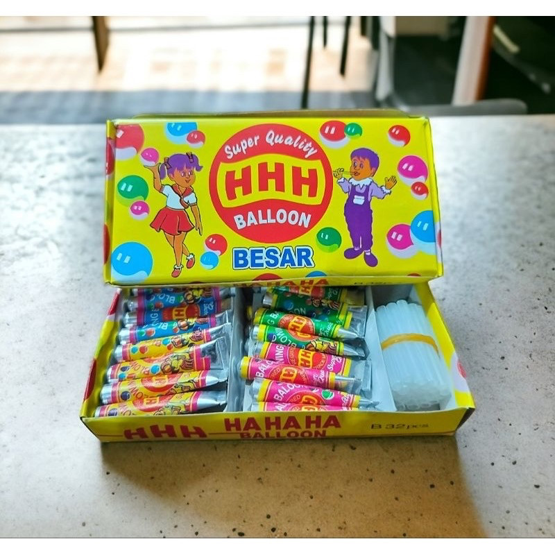 Balon tiup jadul BALON HHH isi 32pcs box / Mainan Anak Tradisional Jadul Balon Tiup Sedotan Plembung