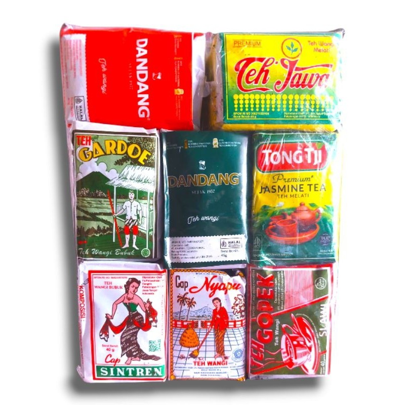 

paket 8 teh ( sintren/nyapu/gopek/dndg merah/dndg selection/gardoe/teh jawa/tongtji jasmine 40gram )