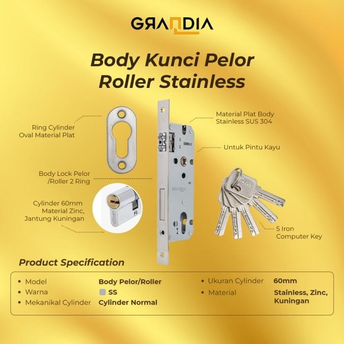 Body Pelor 3R Roller Pintu 2 Dua + Silinder 5 Anak Kunci 60mm Grandia