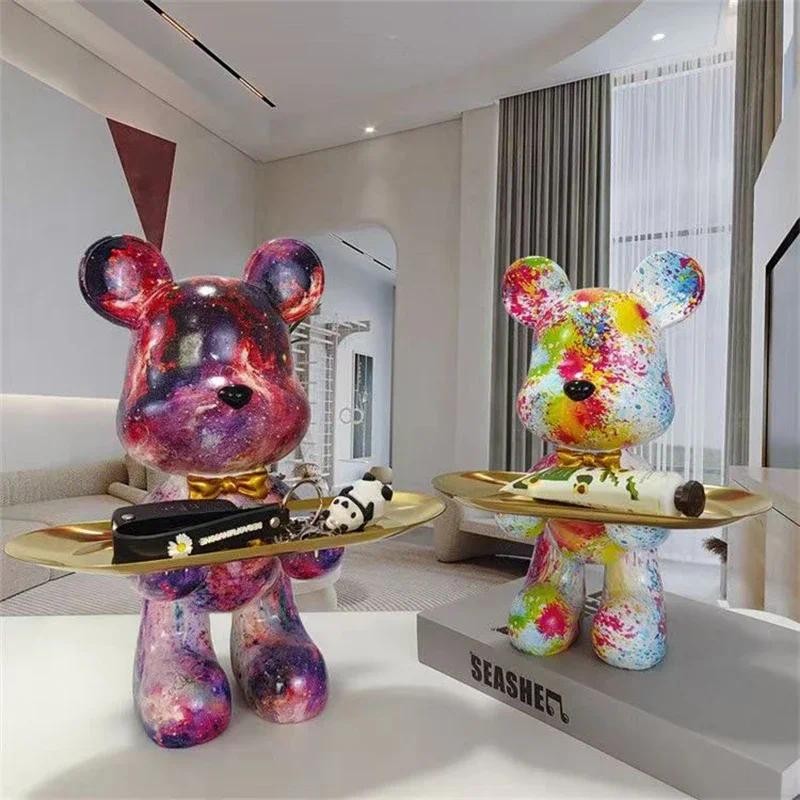 

29cm Graffiti Bear Figurine Home Decoration Animal Statue Keys Storage Shelf Modern Room Sculpture Table Decor Abstract Ornament