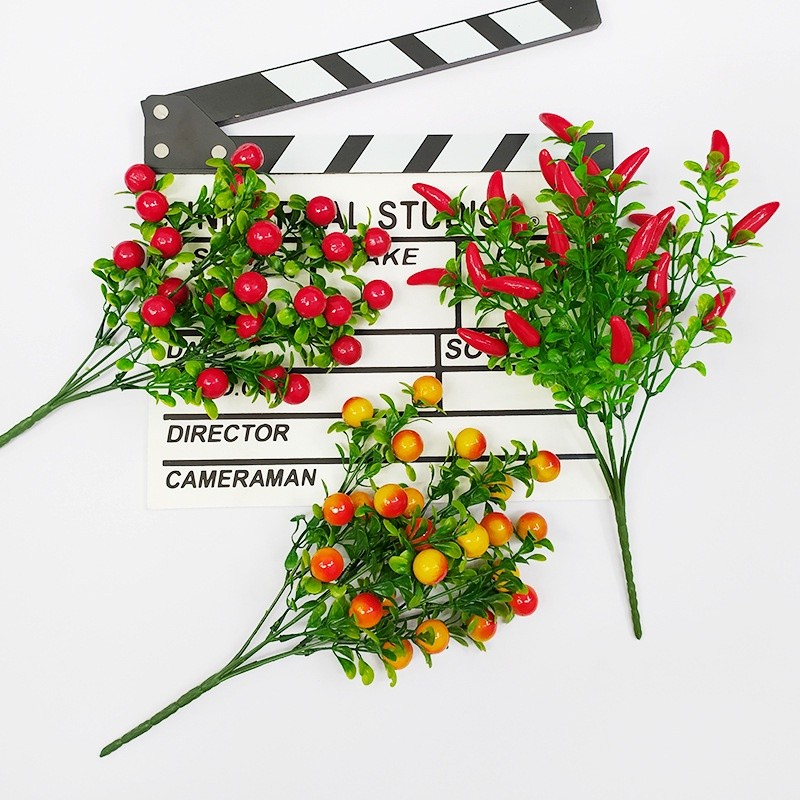 tanaman palsu daun plastik aneka buah 7 cabang buah ceri delima jeruk cabai tanaman artificial B8205