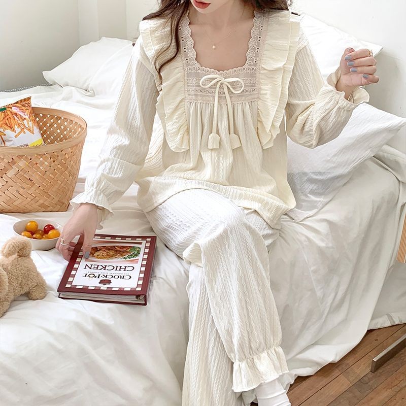 br75j Baju Tidur Wanita Dewasa Hyomin Sleepwear Piyama Set Setelan Motif Pita Renda Ruffle Pakaian T