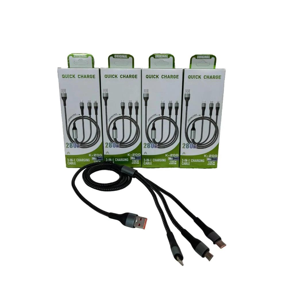 KAbel Data 3in1 K-200 1.2meter + Pack USB V8/Micro & Type-C &Ligh Support Fast Charging Universal