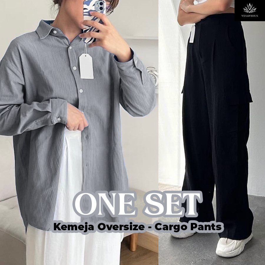 [Bundling] One Set Celana Cargo Higwaist & Kemeja Oversize Linen Crinkle