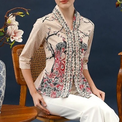 Atasan Blouse Cheongsam Fitted Qipao Blossom Florals Beige CNY GNS - Jumbo