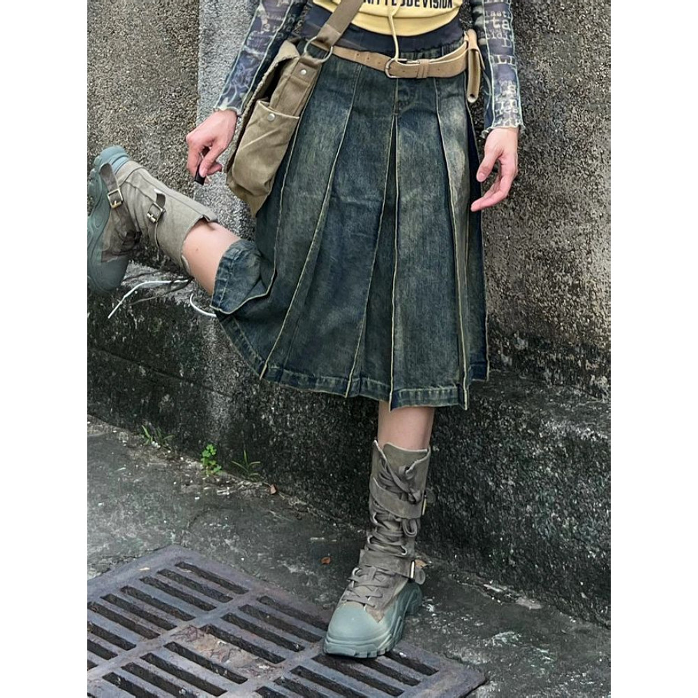 Women 2000s Harajuku Fashion Jean Midi Skirt Denim Midi Pleated A-line Skirts Dark Academia Y2k Prep